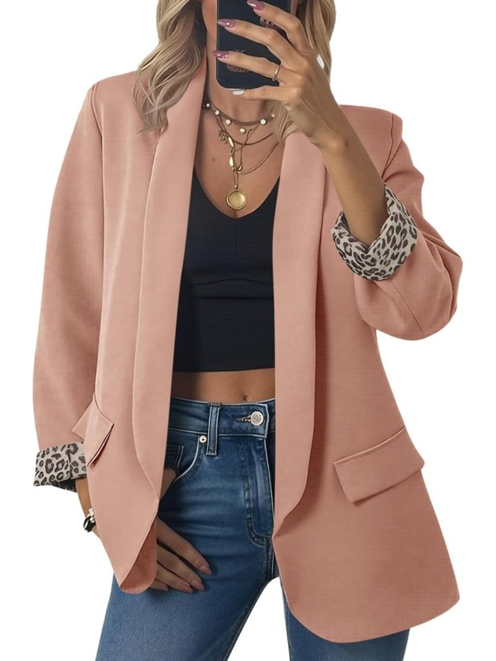 Women's Peach Oversized Open Front Shawl Collar Leopard Cuff Classic Suit Jacket